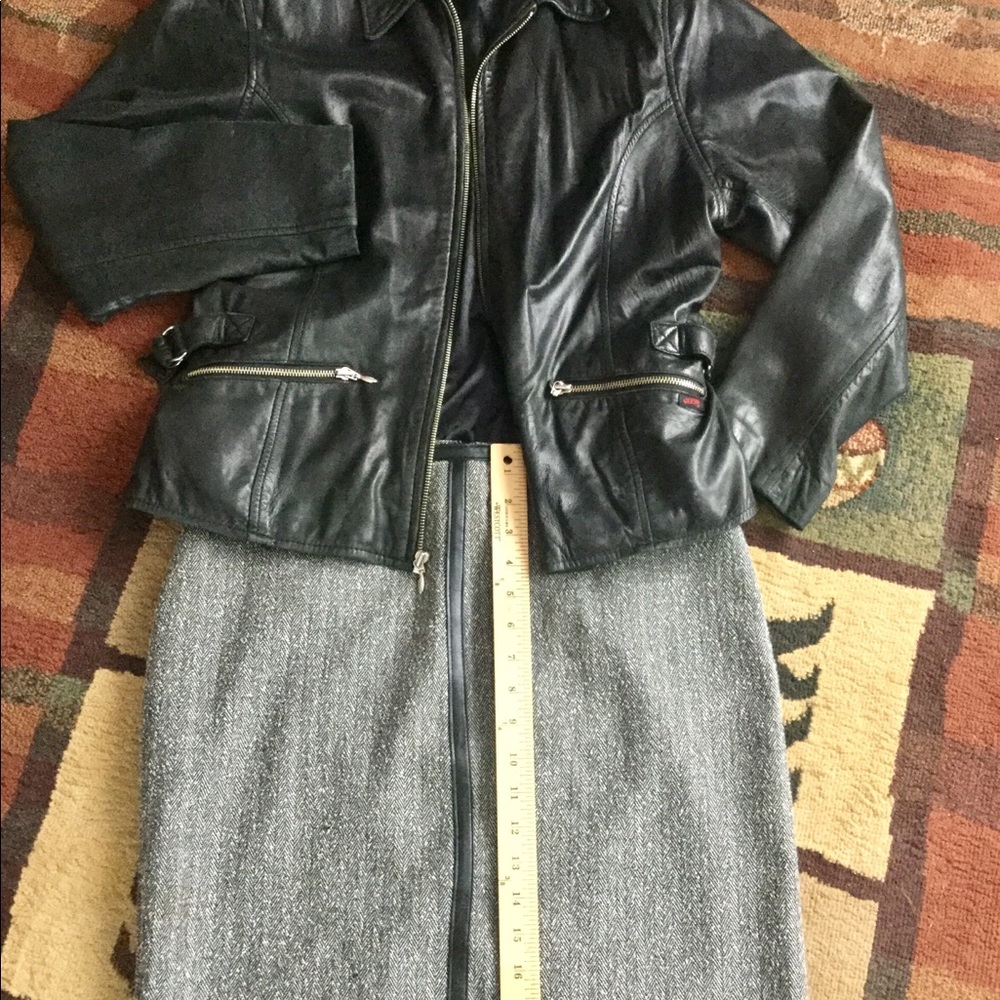 ✏️ Pencil Skirt GRAY CREAM TWEED Faux Leather Trim SWEEEET FIT